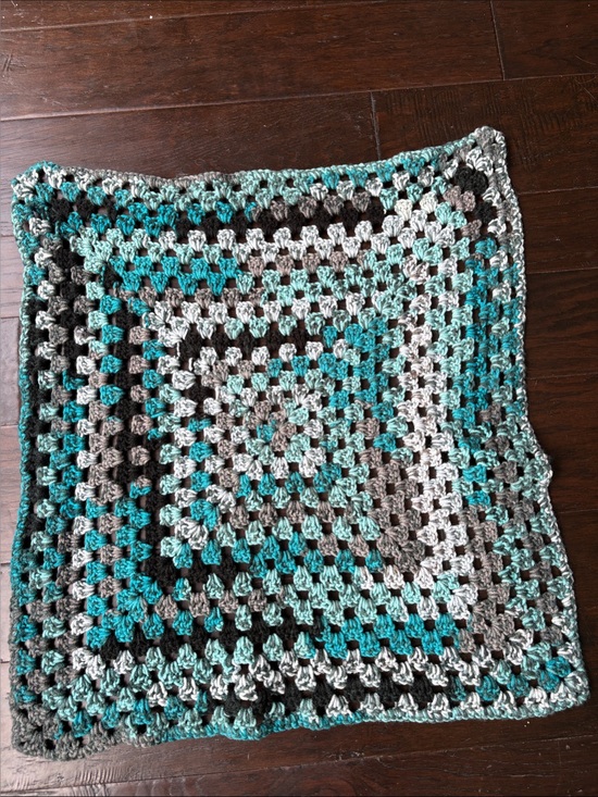 None Other - Handmade Crocheted Square Throw in Teal, Gray, Black